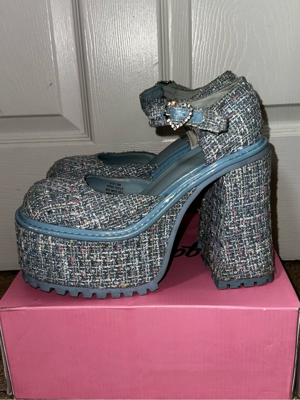 Chunky Tweed Platform Mary Jane Heels - Blue